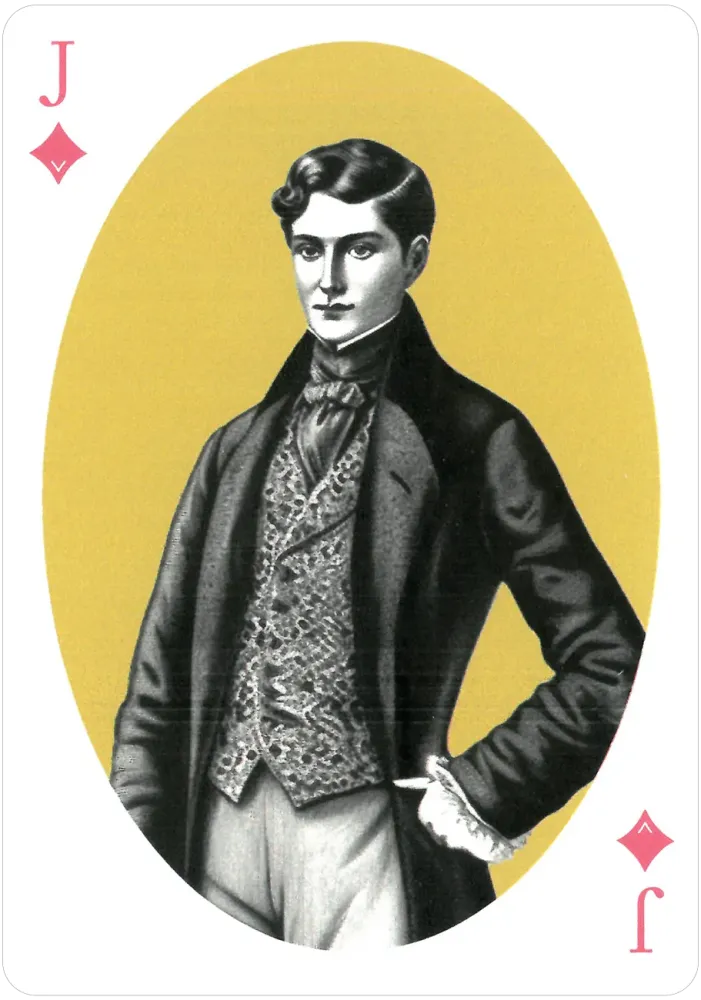Playing card with a portrait of a man in formal attire on a yellow background