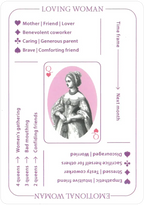 Card titled 'Loving Woman' with a black and white illustration of a woman on a pink background, surrounded by text and symbols.