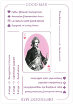 Card featuring a historical figure with text and symbols on a white background