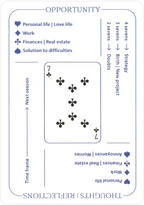 Card with seven of clubs and interpretations for personal life, love life, work, finances, and real estate.