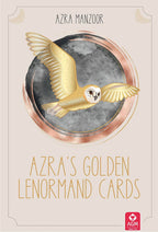 Book cover of 'Azra's Golden Lenormand Cards' with an owl illustration on a light background.