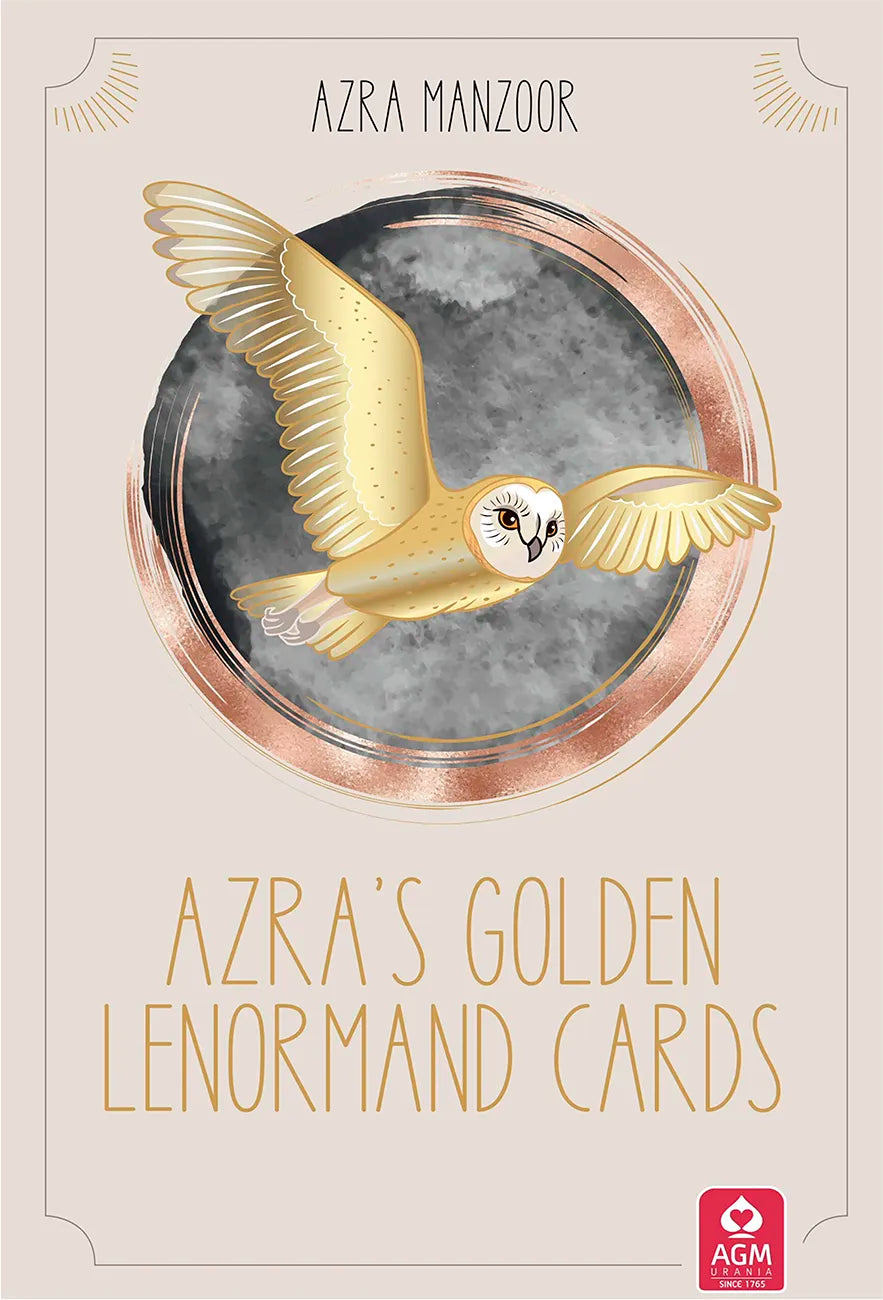 Book cover of 'Azra's Golden Lenormand Cards' with an owl illustration on a light background.