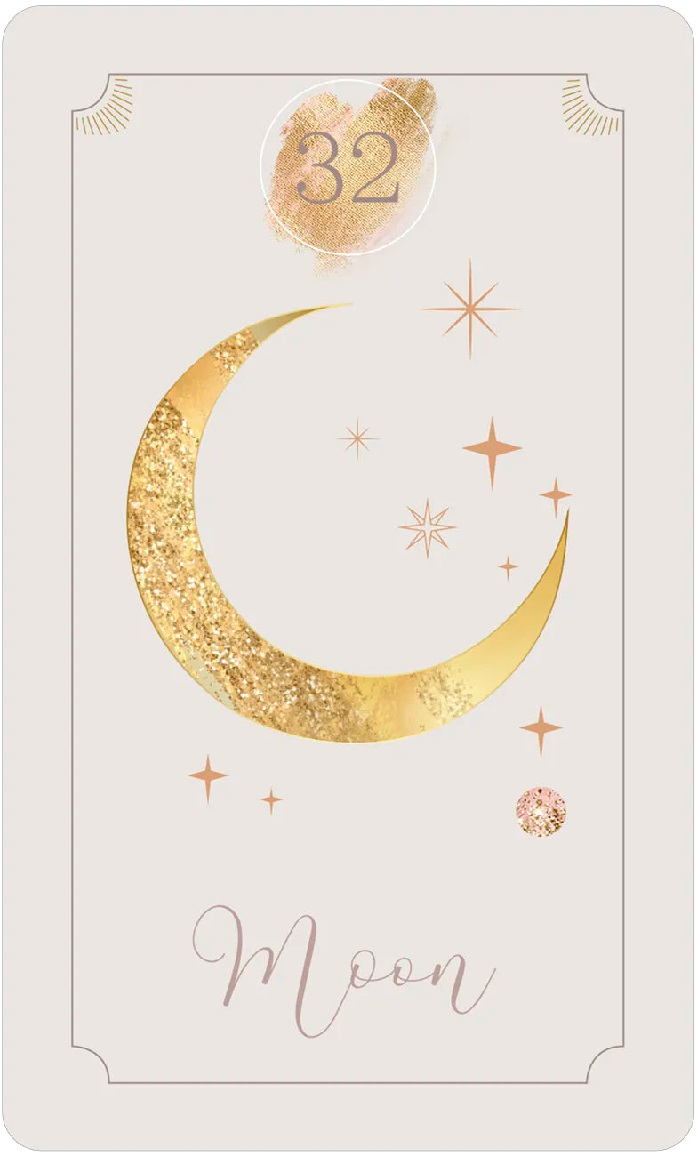 Card with a gold crescent moon, stars, and the word 'Moon' on a white background.