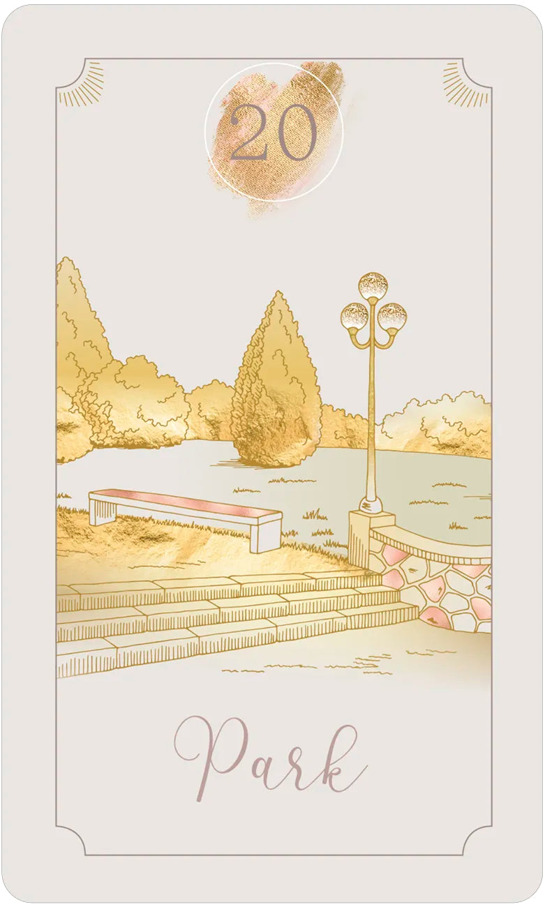 Card with a park scene, bench, lamp post, and 'Park' text on a white background.