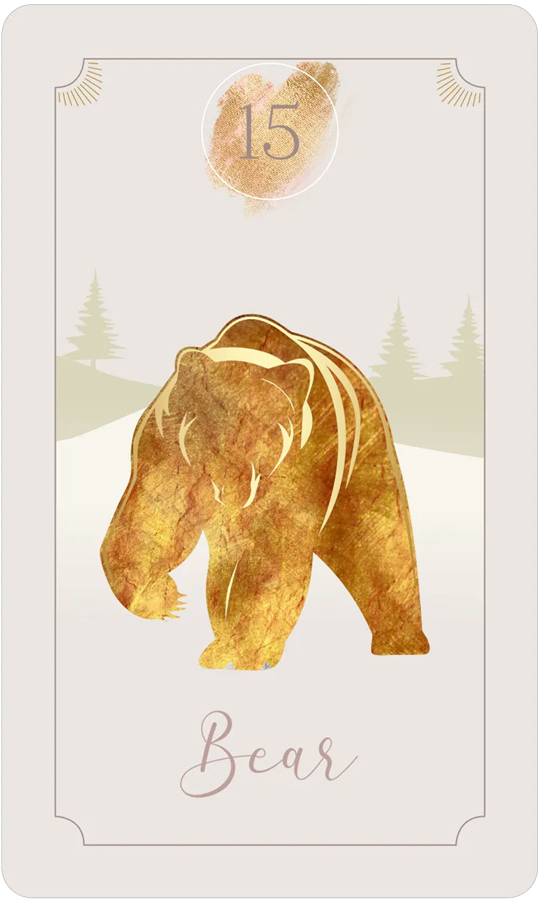 Card with a gold bear illustration on a white background