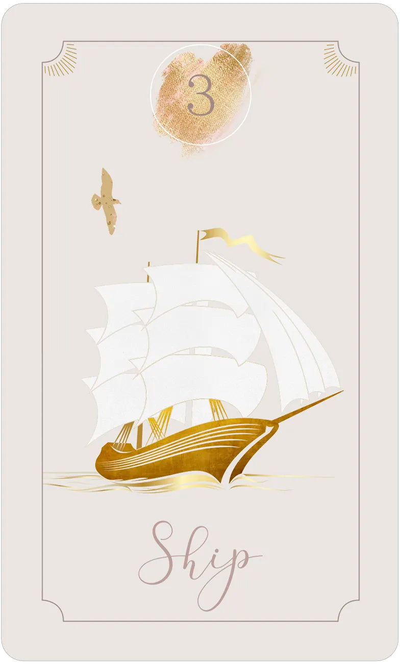 Card with a ship illustration and the number 3 on a beige background