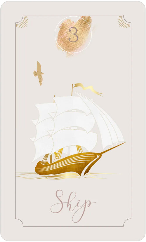 Card with a ship illustration and the number 3 on a beige background