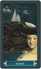 Card titled '8 Hope' featuring a sailboat, anchor, and seal on a dark background with a portrait of a woman.