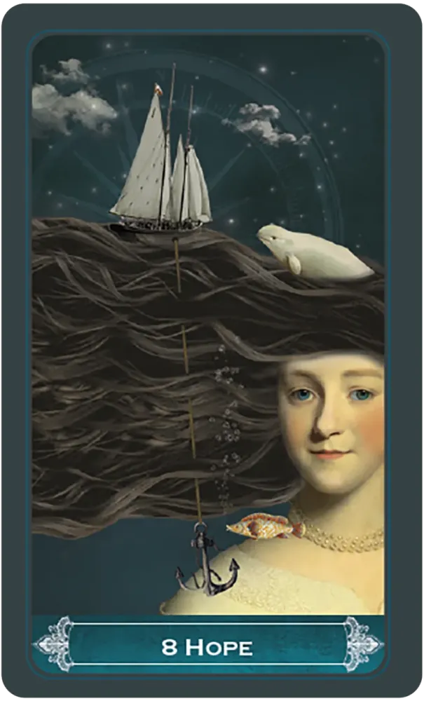 Card titled '8 Hope' featuring a sailboat, anchor, and seal on a dark background with a portrait of a woman.