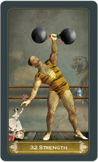 Vintage-style card featuring a tattooed man lifting weights with '32 Strength' text.