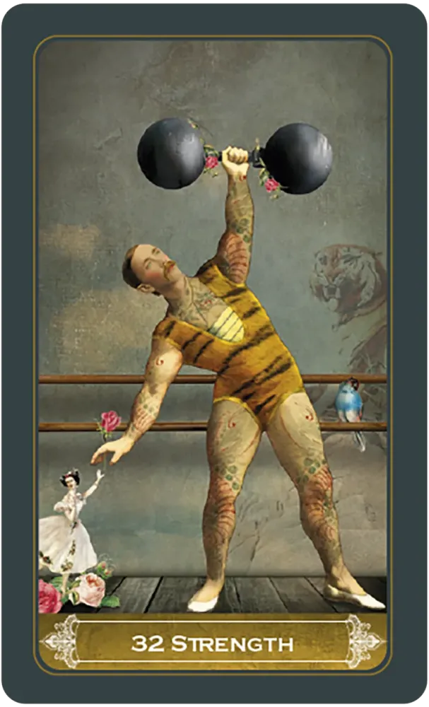 Vintage-style card featuring a tattooed man lifting weights with '32 Strength' text.