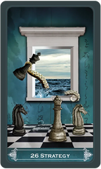 Card with chess pieces and a window view of water, labeled '26 Strategy'.