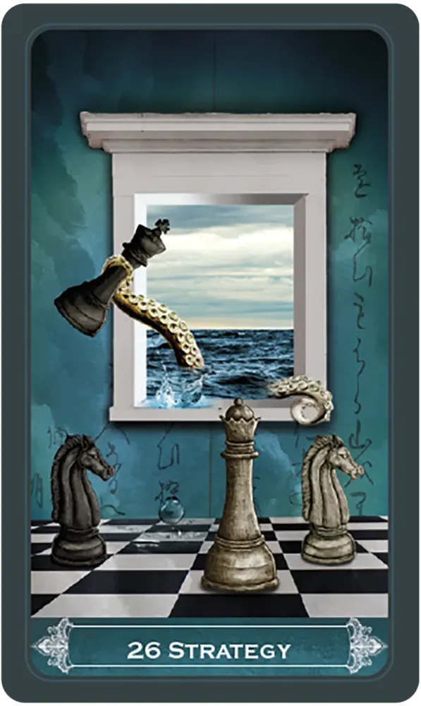 Card with chess pieces and a window view of water, labeled '26 Strategy'.