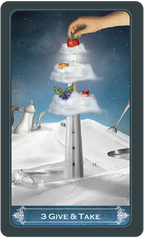 Card from a tarot deck titled '3 Give & Take' with a hand placing a red apple on a cloud.