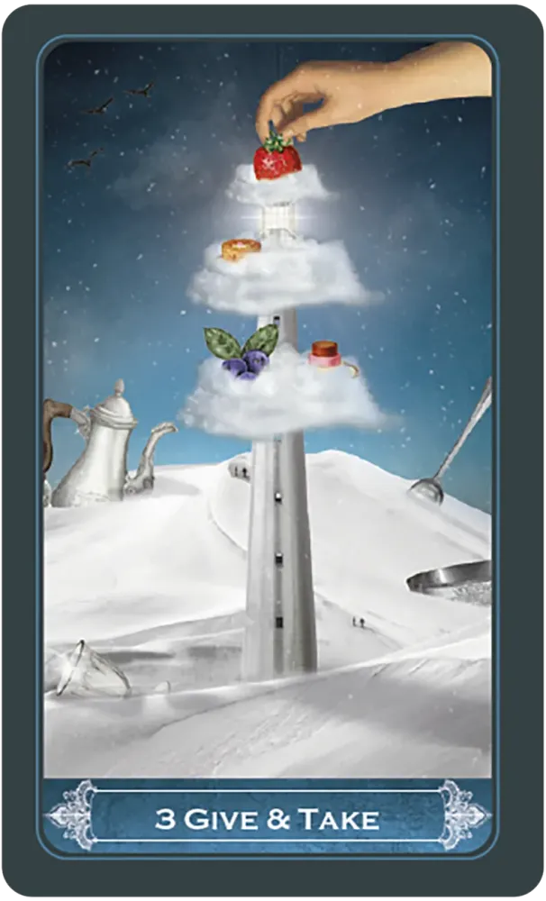 Card from a tarot deck titled '3 Give & Take' with a hand placing a red apple on a cloud.