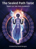 Book cover of 'The Sealed Path Tarot' with a central figure holding two cups against a dark background.