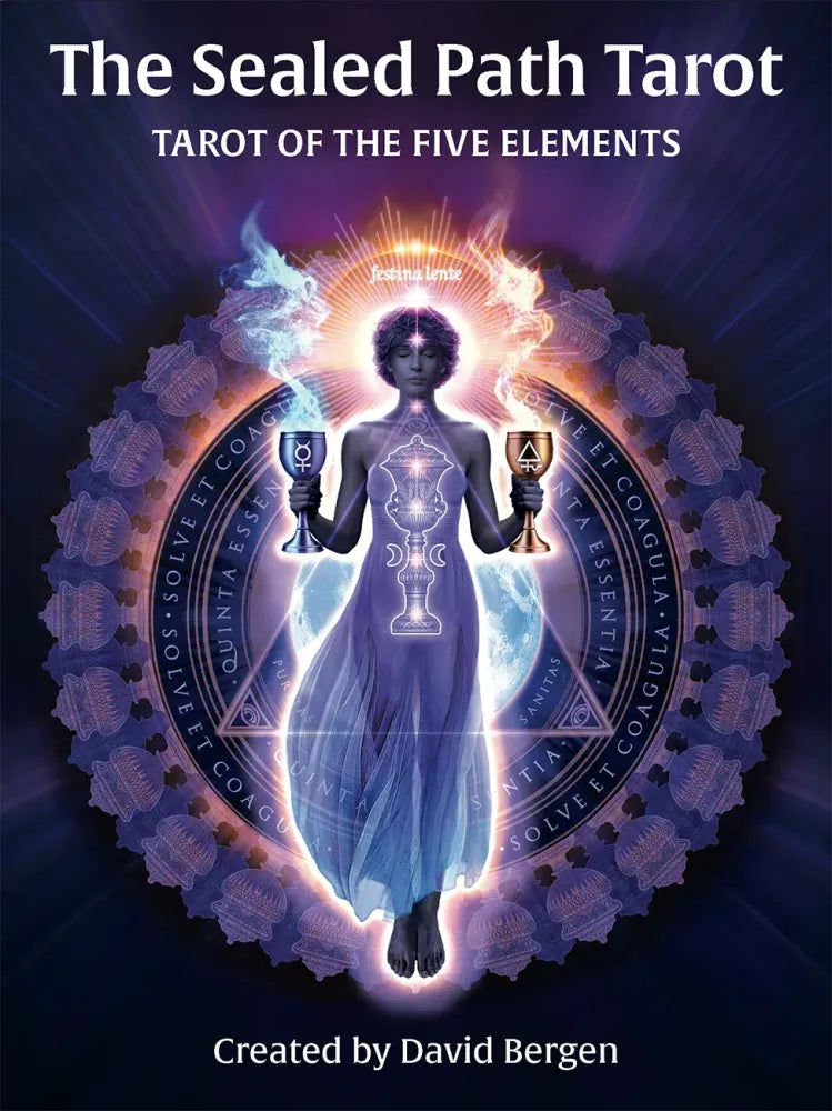 Book cover of 'The Sealed Path Tarot' with a central figure holding two cups against a dark background.