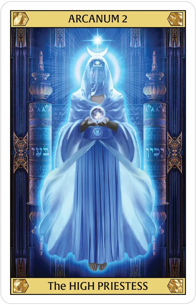 Tarot card titled 'The High Priestess' with a figure in a blue robe holding a crystal ball against a dark background.