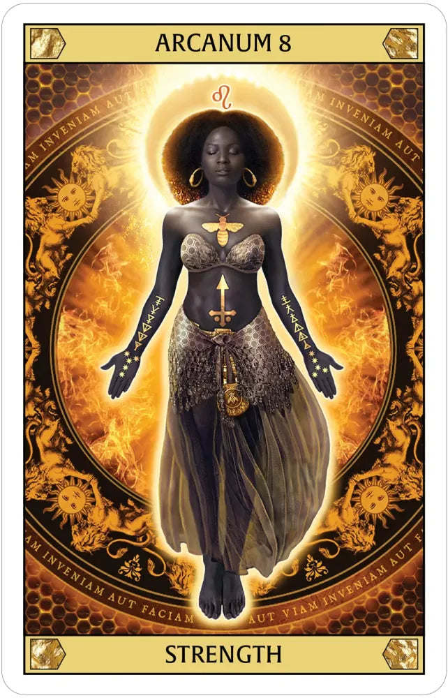 Tarot card titled 'Strength' with a person in a gold and black outfit against a gold circular design.