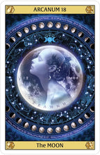 Card titled 'The Moon' from Arcanum 18 with a woman gazing at a moonlit sky.