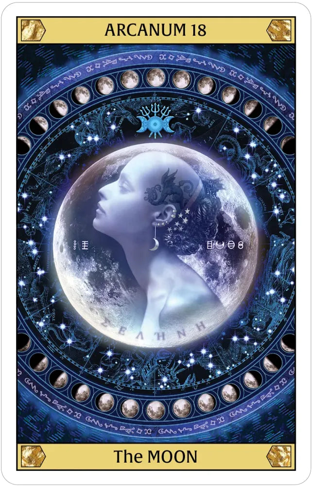 Card titled 'The Moon' from Arcanum 18 with a woman gazing at a moonlit sky.