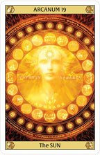 Tarot card titled 'The Sun' with a central face surrounded by sun symbols, labeled 'Arcanum 19'.