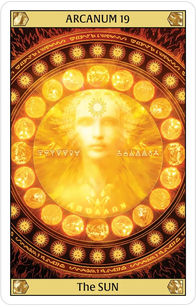 Tarot card titled 'The Sun' with a central face surrounded by sun symbols, labeled 'Arcanum 19'.