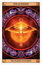 Tarot card featuring 'The Flight of Icarus' with a central figure and celestial symbols.