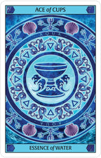 Ace of Cups tarot card with blue and purple design, featuring a chalice and water symbols.