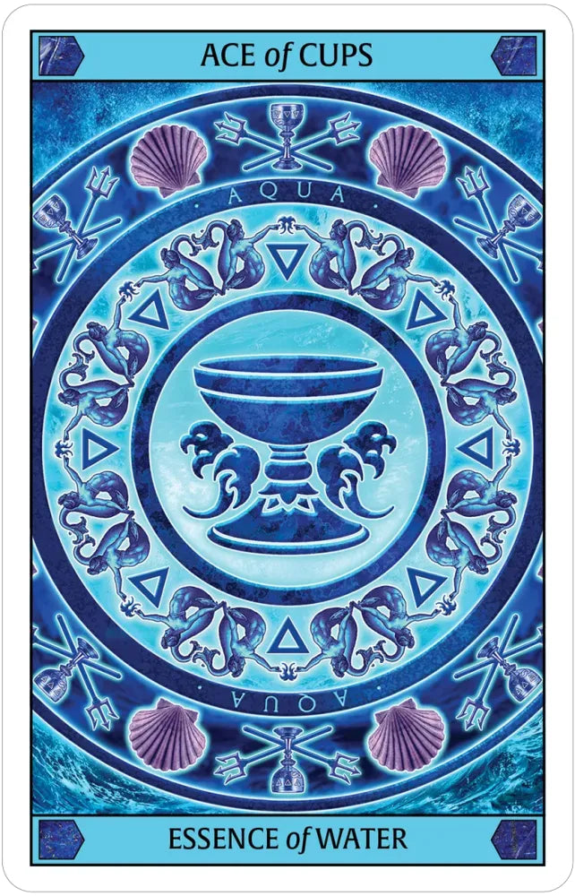Ace of Cups tarot card with blue and purple design, featuring a chalice and water symbols.