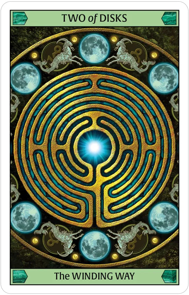 Card with a labyrinth design, moons, and two horses, titled 'Two of Disks'.