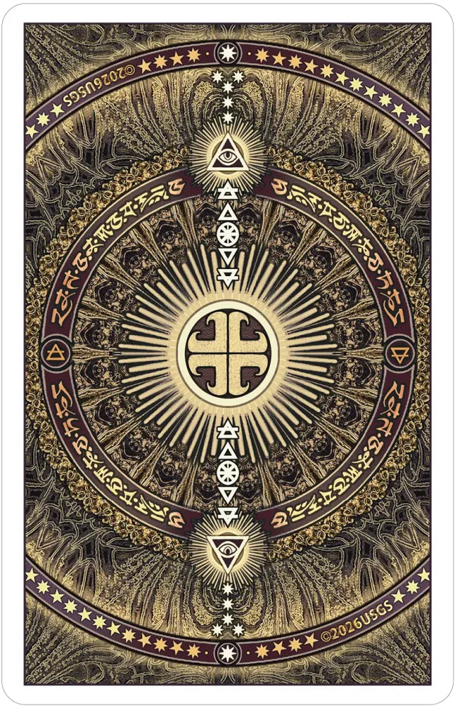 Decorative card with intricate gold and black designs, featuring symbols and patterns.