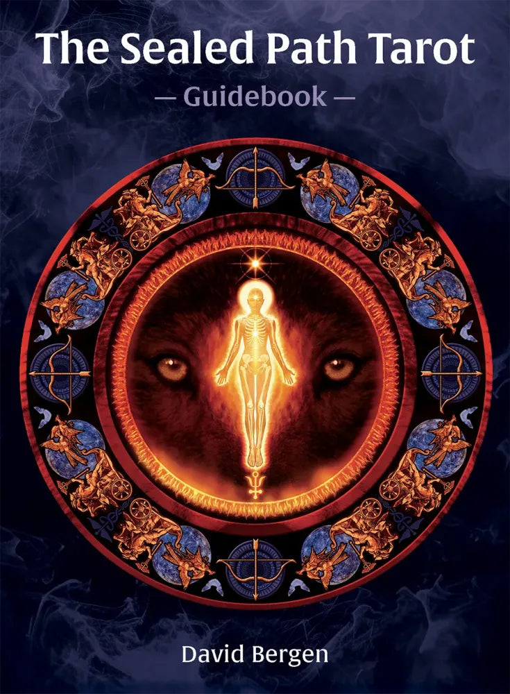 Cover of 'The Sealed Path Tarot Guidebook' with a central figure and mystical design.