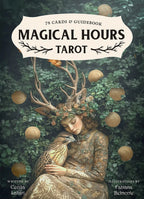 Cover of 'Magical Hours Tarot' with a woman with antlers and a bird, surrounded by nature elements.