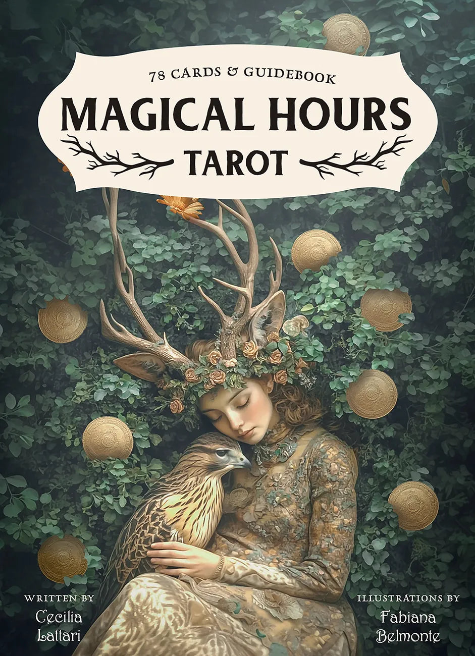 Cover of 'Magical Hours Tarot' with a woman with antlers and a bird, surrounded by nature elements.