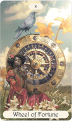 Card titled 'Wheel of Fortune' featuring a woman, bird, and flowers with an astrological wheel design.