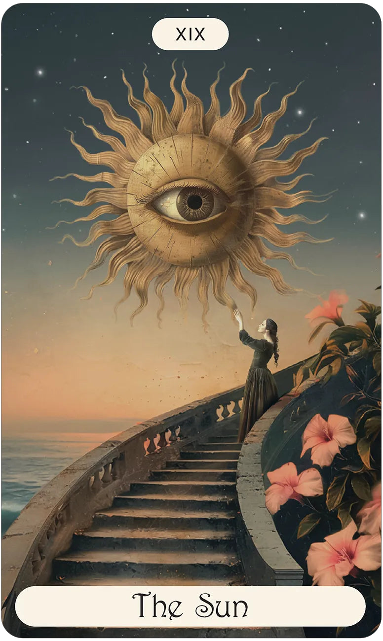 Tarot card titled 'The Sun' with a sun design featuring an eye, staircase, and flowers.