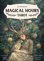 Cover of 'Magical Hours Tarot' guidebook with illustration of a woman with deer antlers and a bird, surrounded by foliage and fruits.