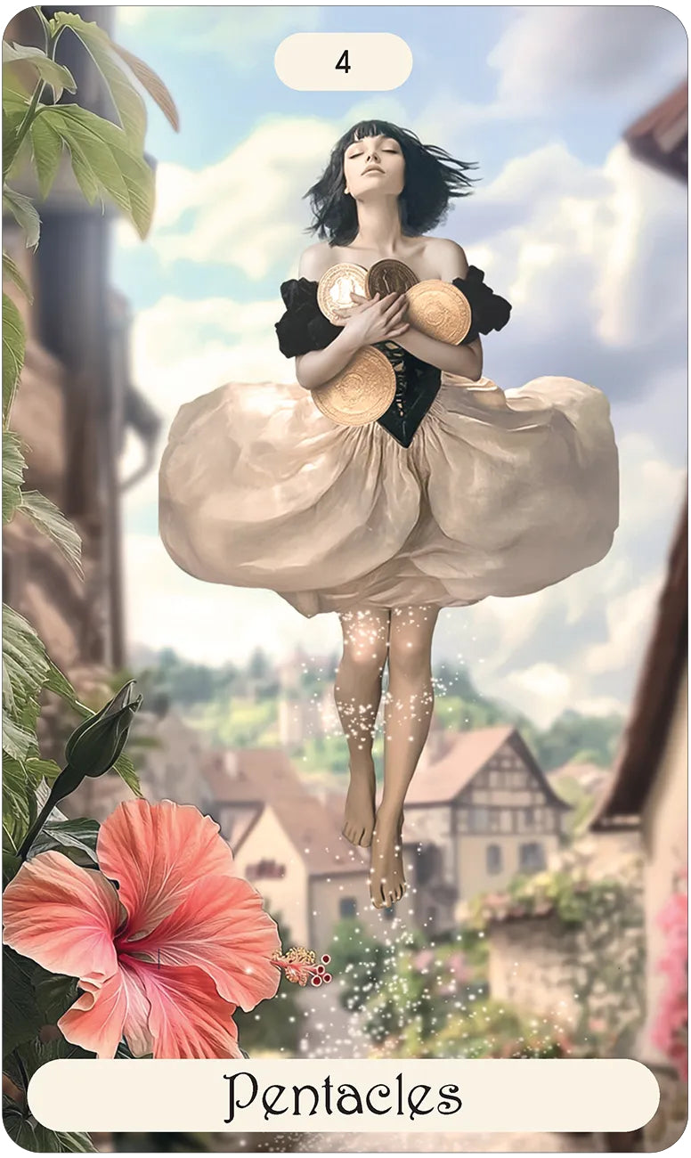 Illustration of a woman holding a tambourine in a garden setting with 'Pentacles' text.