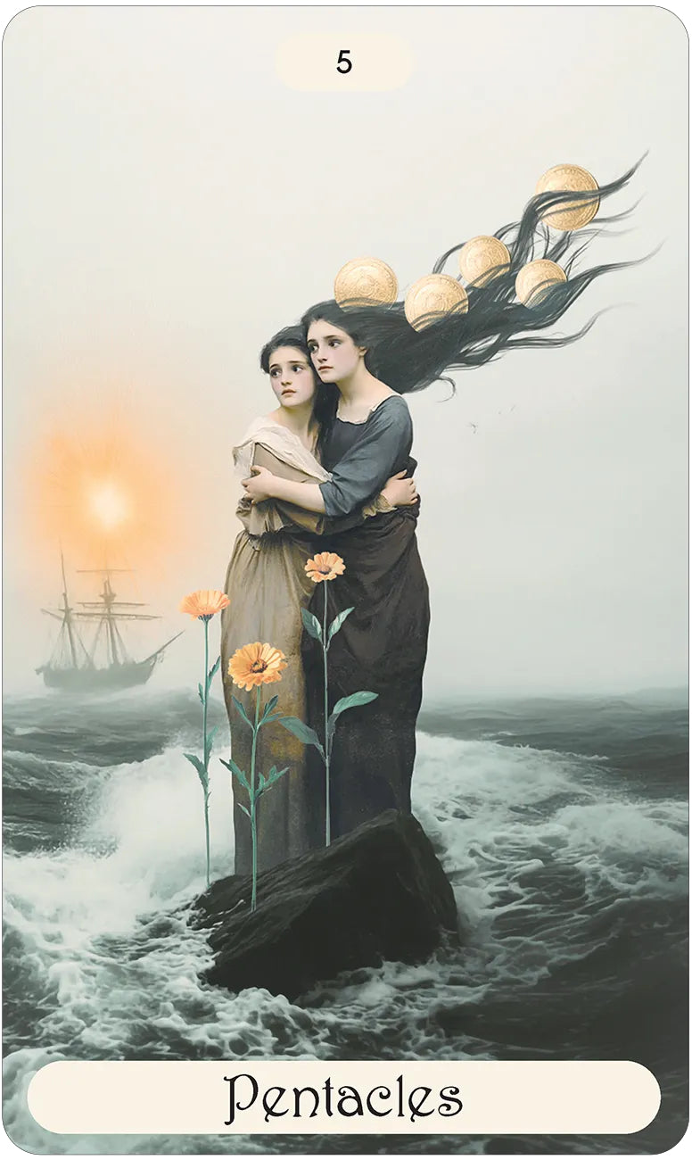 Tarot card featuring two women embracing on a rock with flowers and a ship in the background, labeled 'Pentacles'.