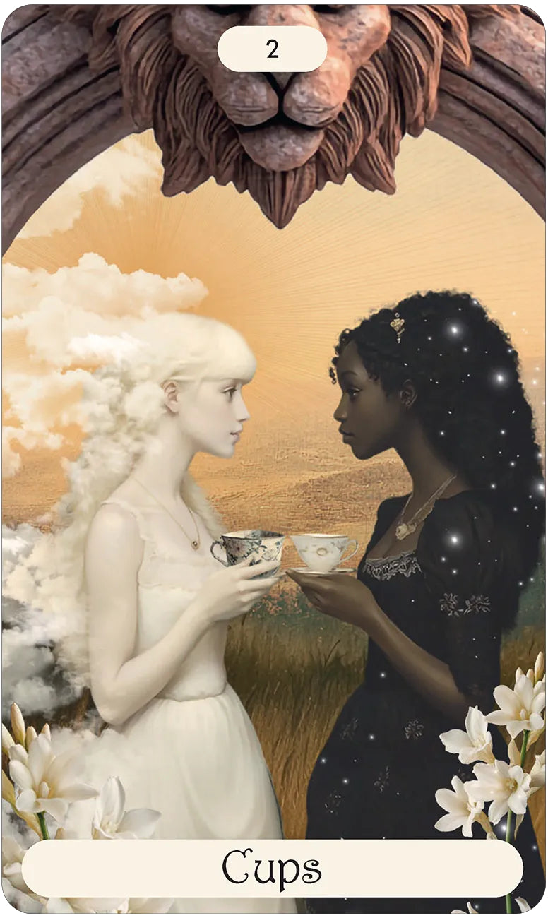Two women holding cups with a lion head above, labeled 'Cups'.