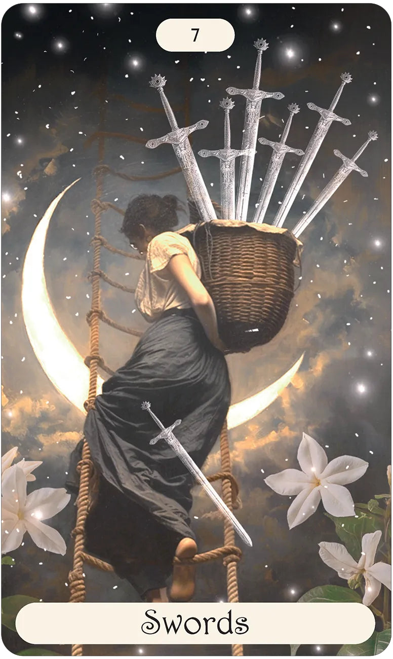Tarot card with a woman climbing a ladder carrying swords, under a moonlit sky with flowers.