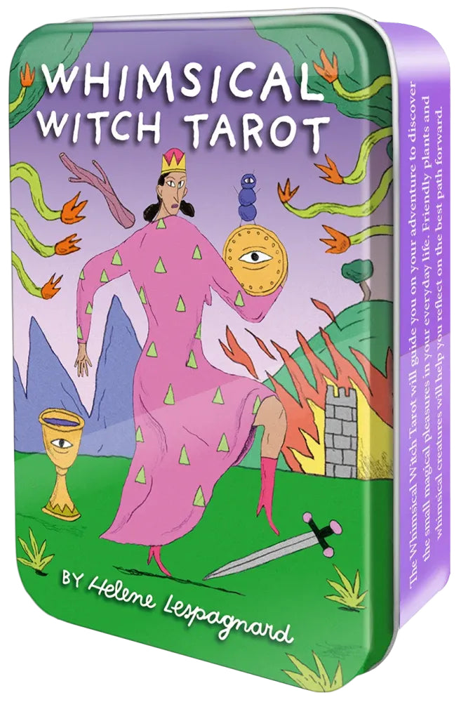 Whimsical Witch Tarot card set packaging with colorful illustration of a witch and tarot cards.