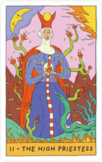 Tarot card featuring 'The High Priestess' with a colorful background and character.