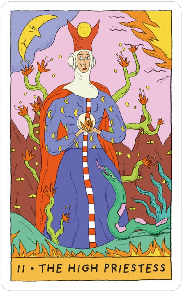Tarot card featuring 'The High Priestess' with a colorful background and character.