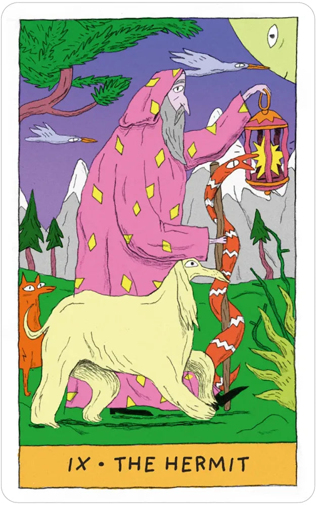 Tarot card titled 'The Hermit' with a figure in pink robes holding a lantern, surrounded by nature elements.