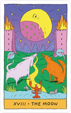 Tarot card titled 'The Moon' with colorful illustration of animals and moon.