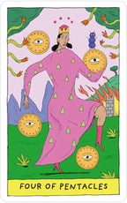 Card from a tarot deck titled 'Four of Pentacles' with a person in a pink dress and pentacle symbols.