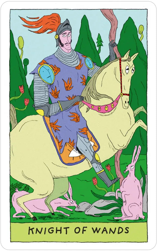 Card featuring a knight on a horse with trees and animals in the background, labeled 'Knight of Wands'.