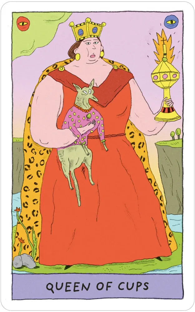 Card featuring the 'Queen of Cups' from a tarot deck, with a person in regal attire holding a cup and surrounded by animals.